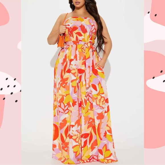 Fashion Nova Pants - Flower Power Jumpsuit - Orange/Combo